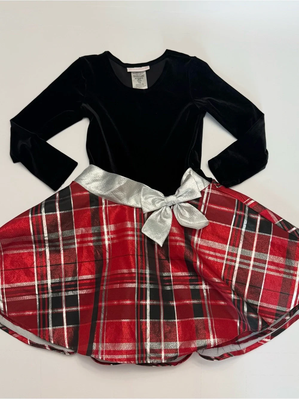 Bonnie Jean Black Velvet Top Red Plaid Skirt Dress with Silver Bow
